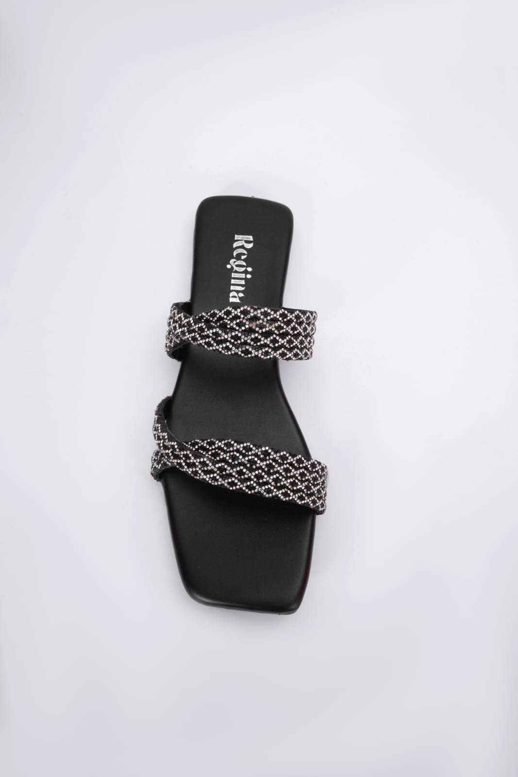 Regina Embellished Double Strap Black Sliders