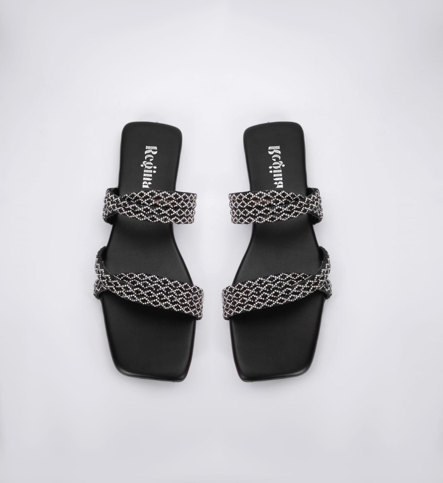 Regina Embellished Double Strap Black Sliders