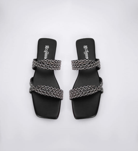 Regina Embellished Double Strap Black Sliders