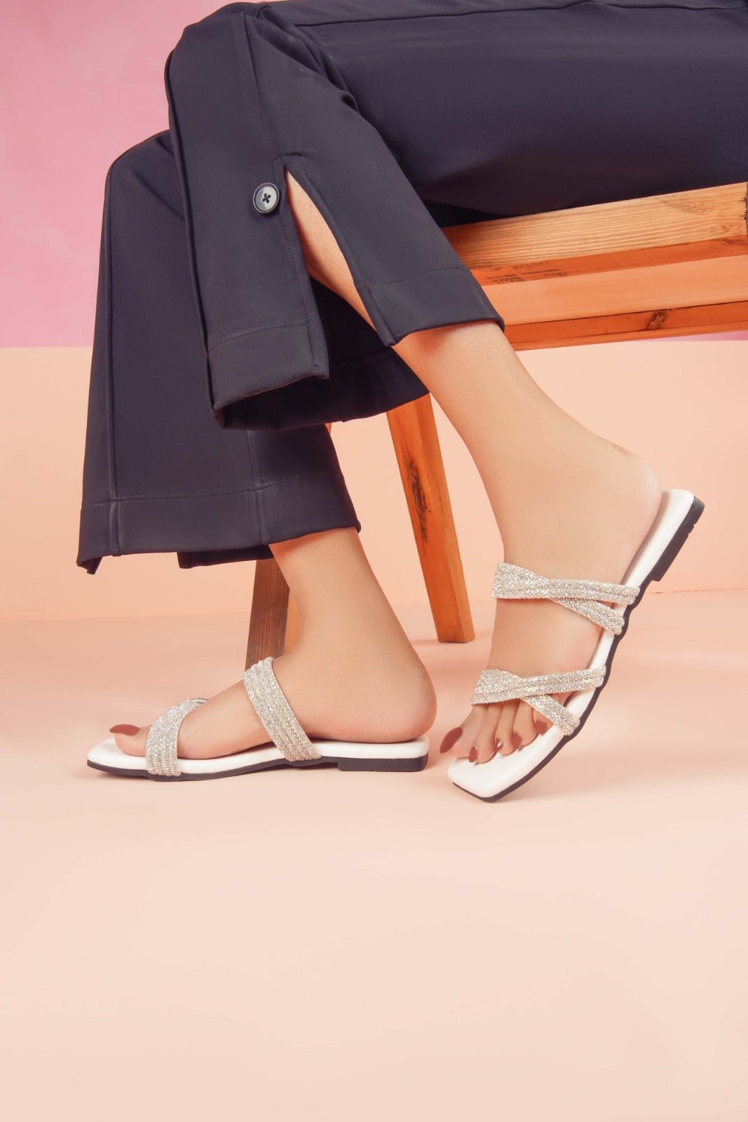 Regina Embellished Double Strap White Sliders