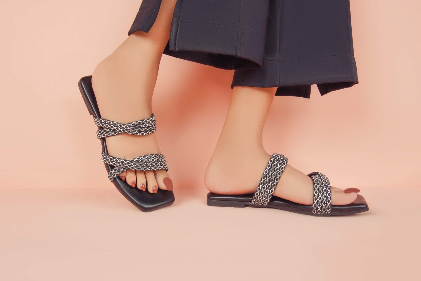 Regina Embellished Double Strap Black Sliders