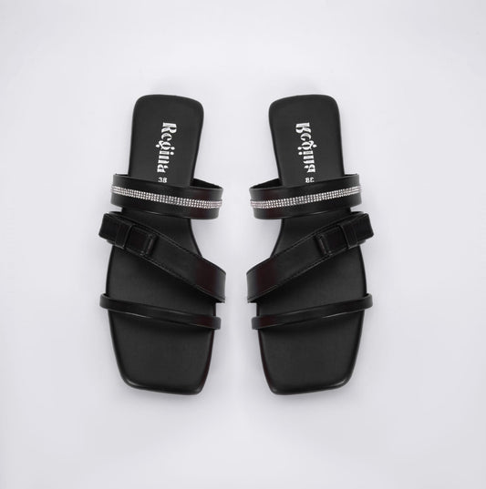Regina Triple-Strap Black Sliders