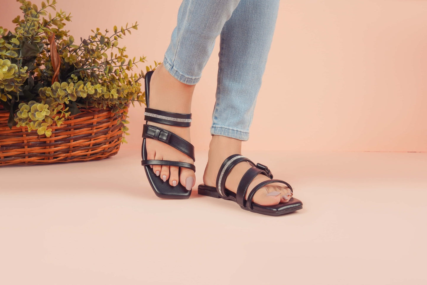 Regina Triple-Strap Black Sliders