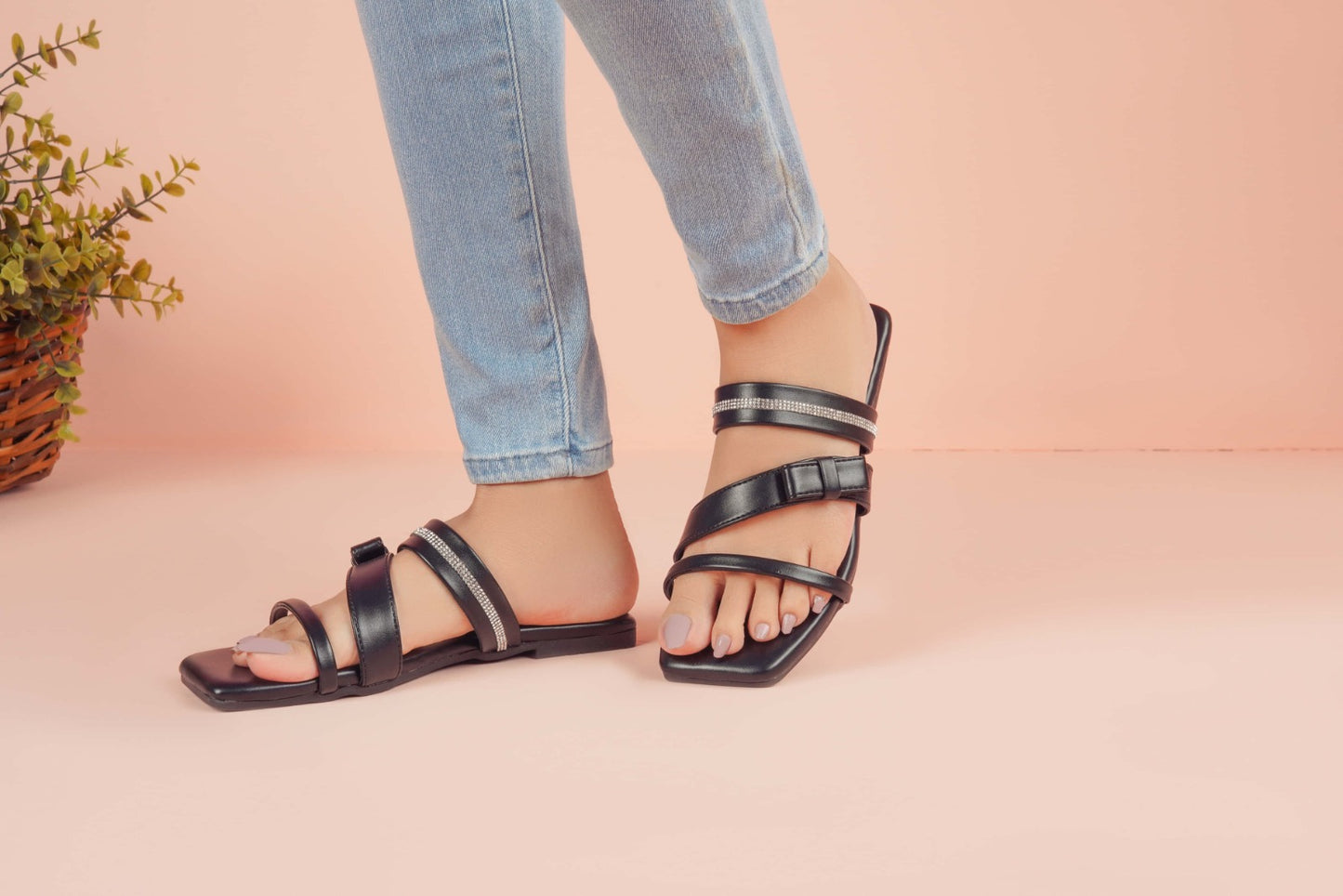 Regina Triple-Strap Black Sliders