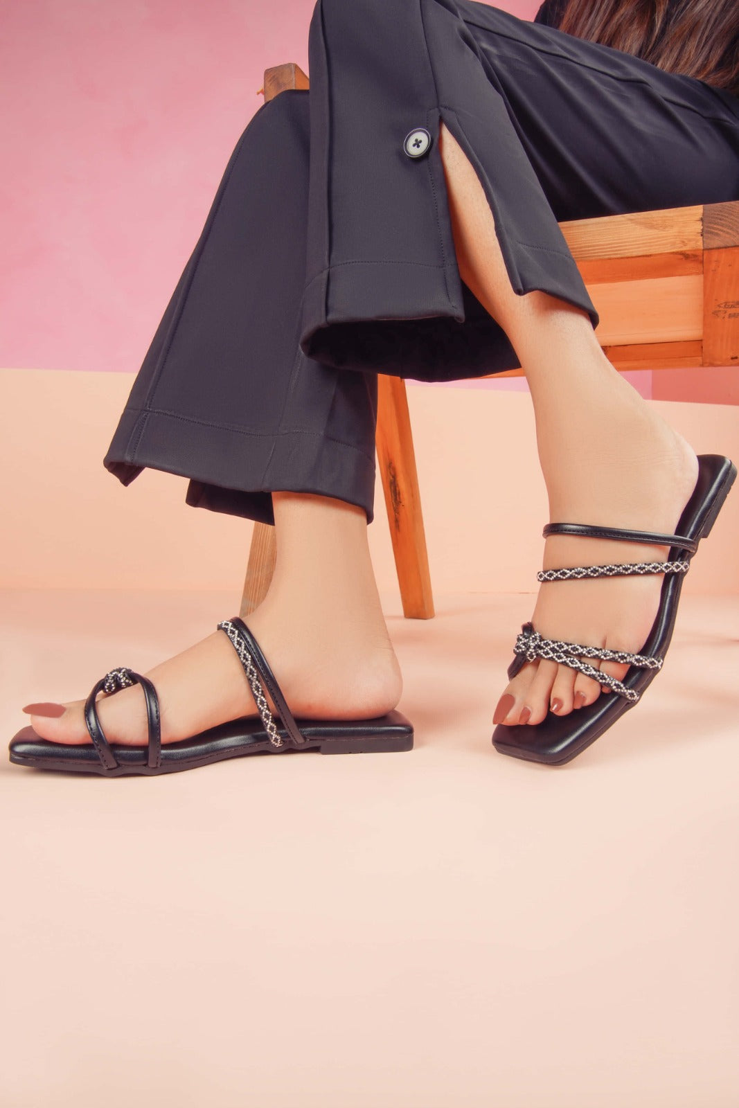 Regina Double-Strap Black Sliders
