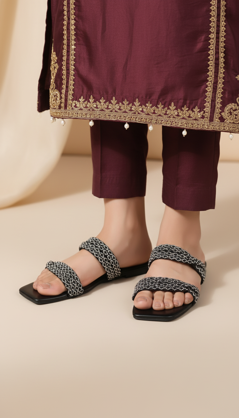 Regina Embellished Double Strap Black Sliders